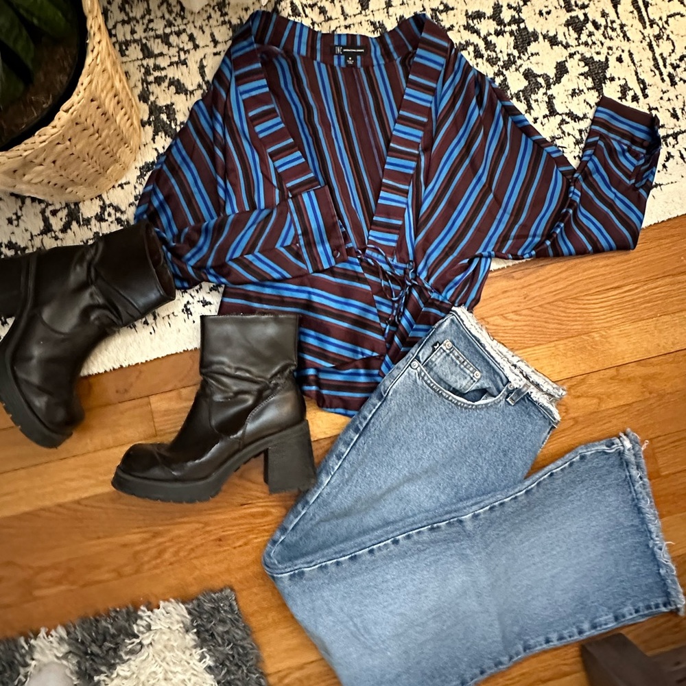 INC INTERNATIONAL CONCEPTS Blue Brown Striped Blouse Wrap Shirt Top M Medium